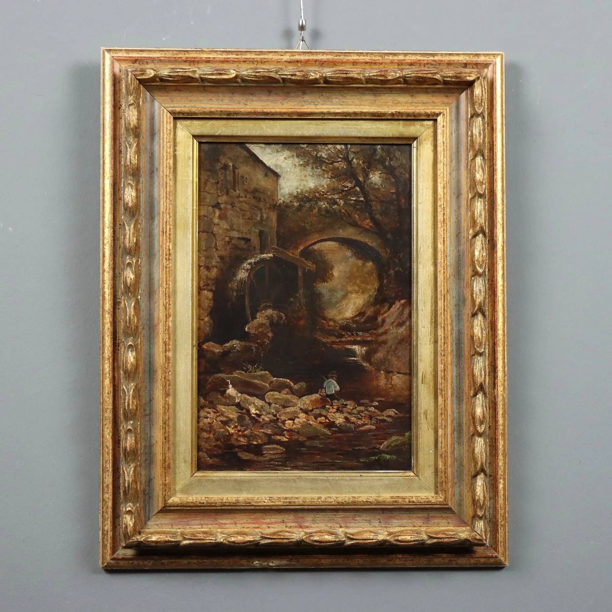 Old painting "Glimpse of a Landscape" oil on hardboard 1887