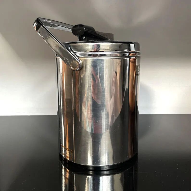 Vintage stainless steel ice bucket with lid and tongs - Made in Japan