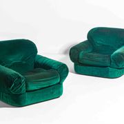 Pair of plump lounge fauteuils in green velvet, Italy 1970s