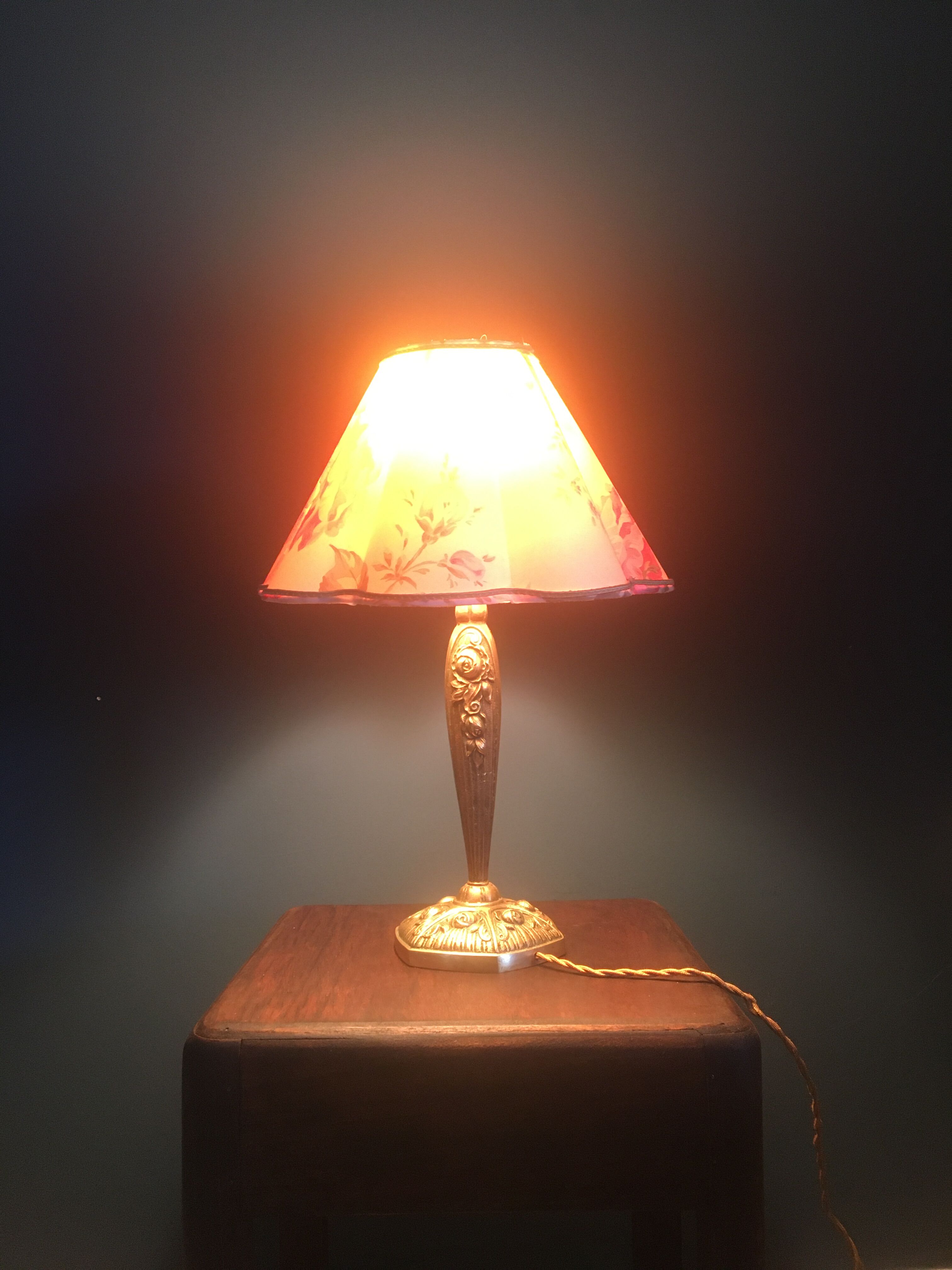 Bronze lamp, lampshade fabric stripe and cable vintage switch