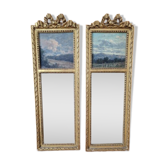 Paire de petits miroirs - trumeau - En bois mouluré, sculpté et doré - De style Louis XVI