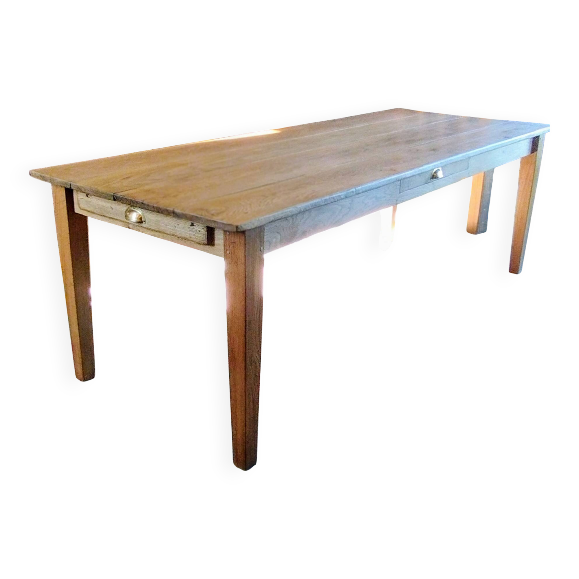 Solid oak farmhouse table with central drawer and extension