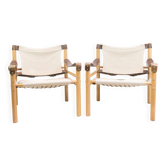 Set Of Two Safari Chairs Model Sirocco Made In Oak & Canvas By Arne Norell