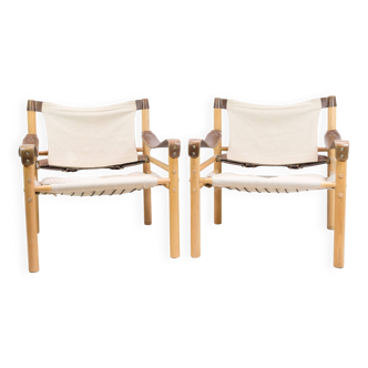 2 fauteuils Safari modèle Sirocco en chêne et toile par Arne Norell