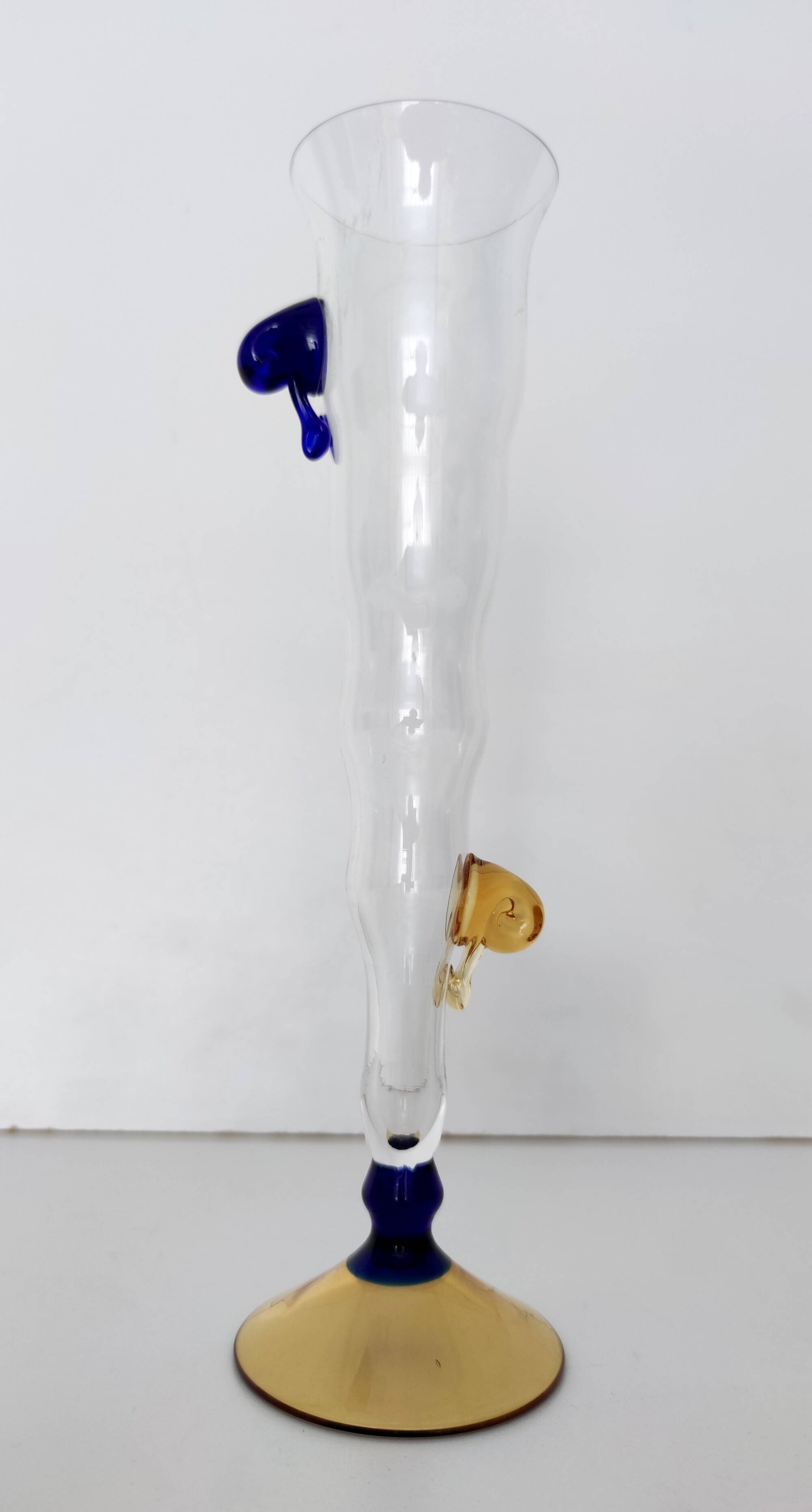 Pair of Transparent Murano Glass Flutes with Colored Details, Italy, 1980s