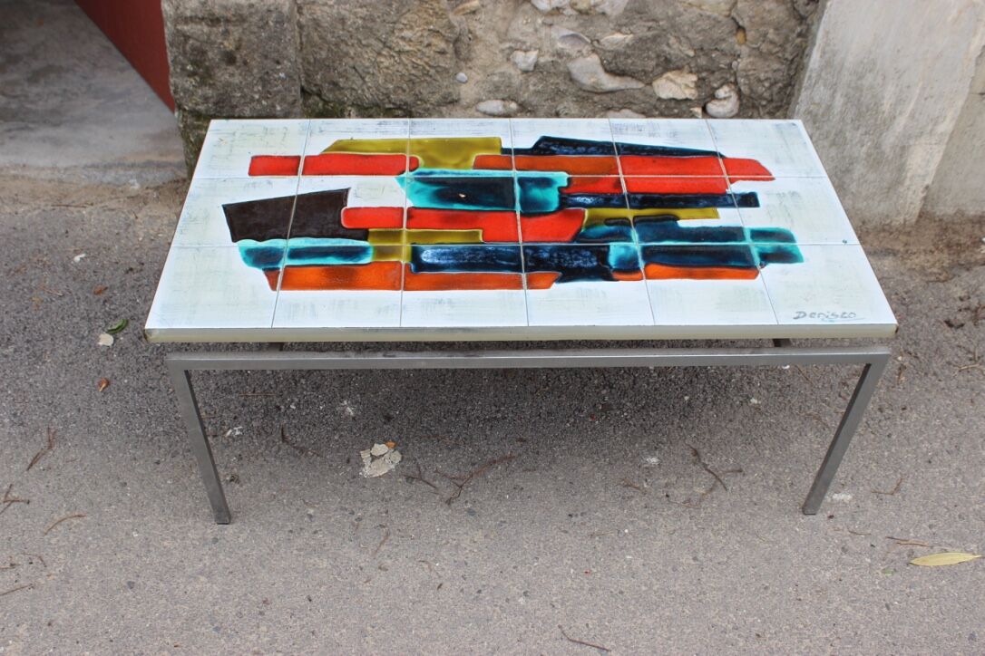 Vintage chrome coffee table and ceramic abstract drawing by Denisco, Belgium, 1970s