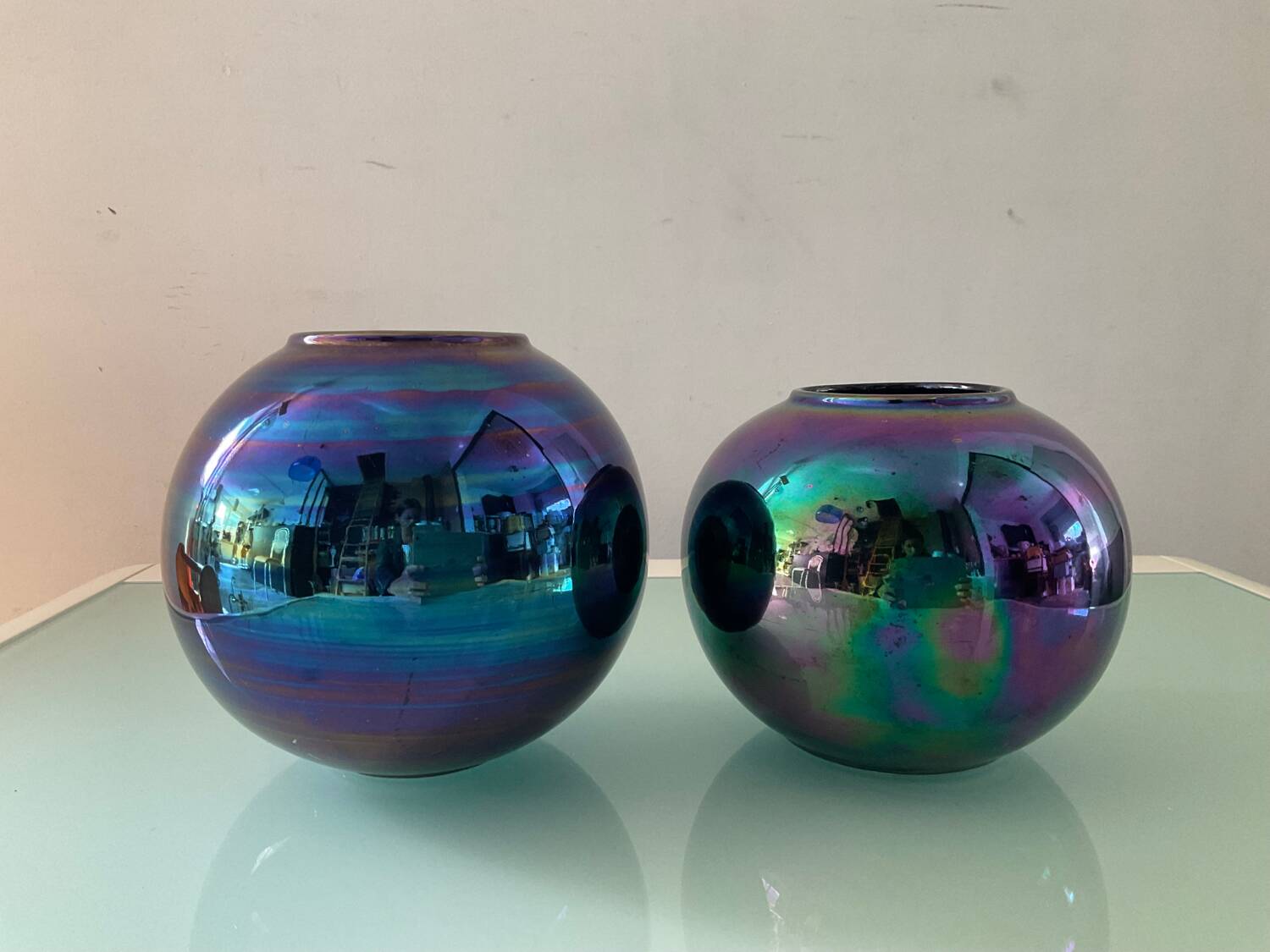 Duo of vintage iridescent ceramic vases from the 70s