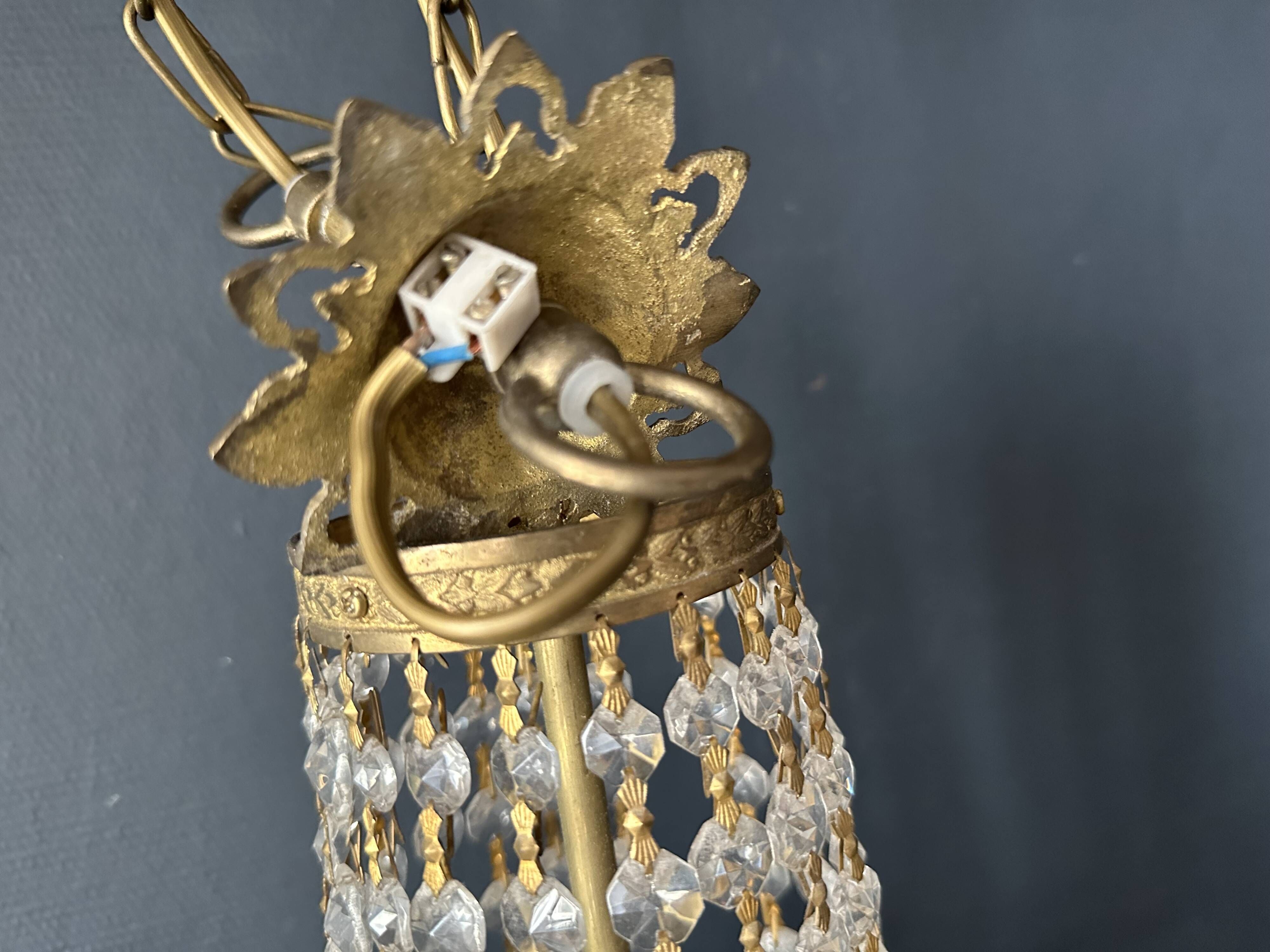 Golden bronze hot air balloon chandelier with glass pendants, mid-20th century.