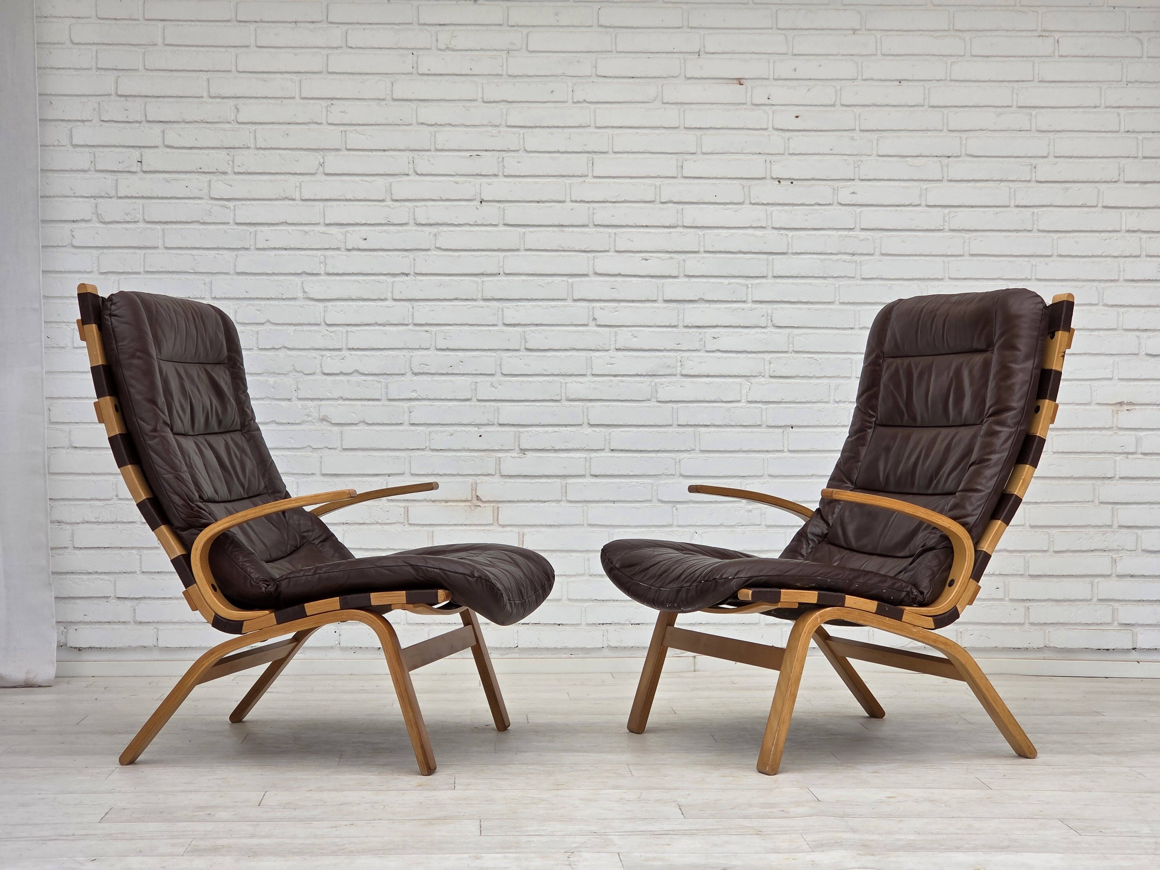 1970s, Danish design by Farstrup, set of 2 armchairs, furniture leather.