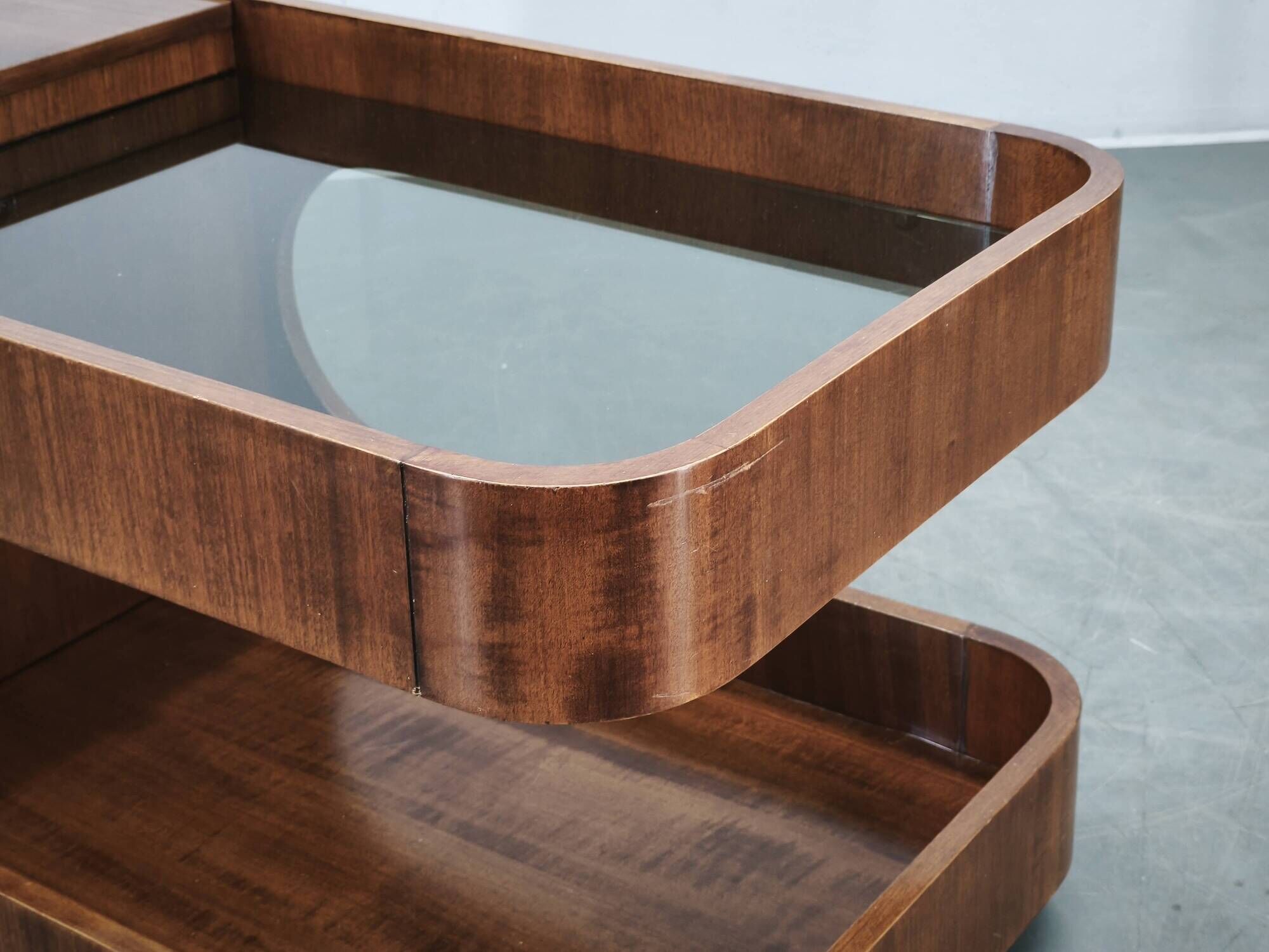 1970s Italian Modernist Wood and Smoked Glass Bar Cart