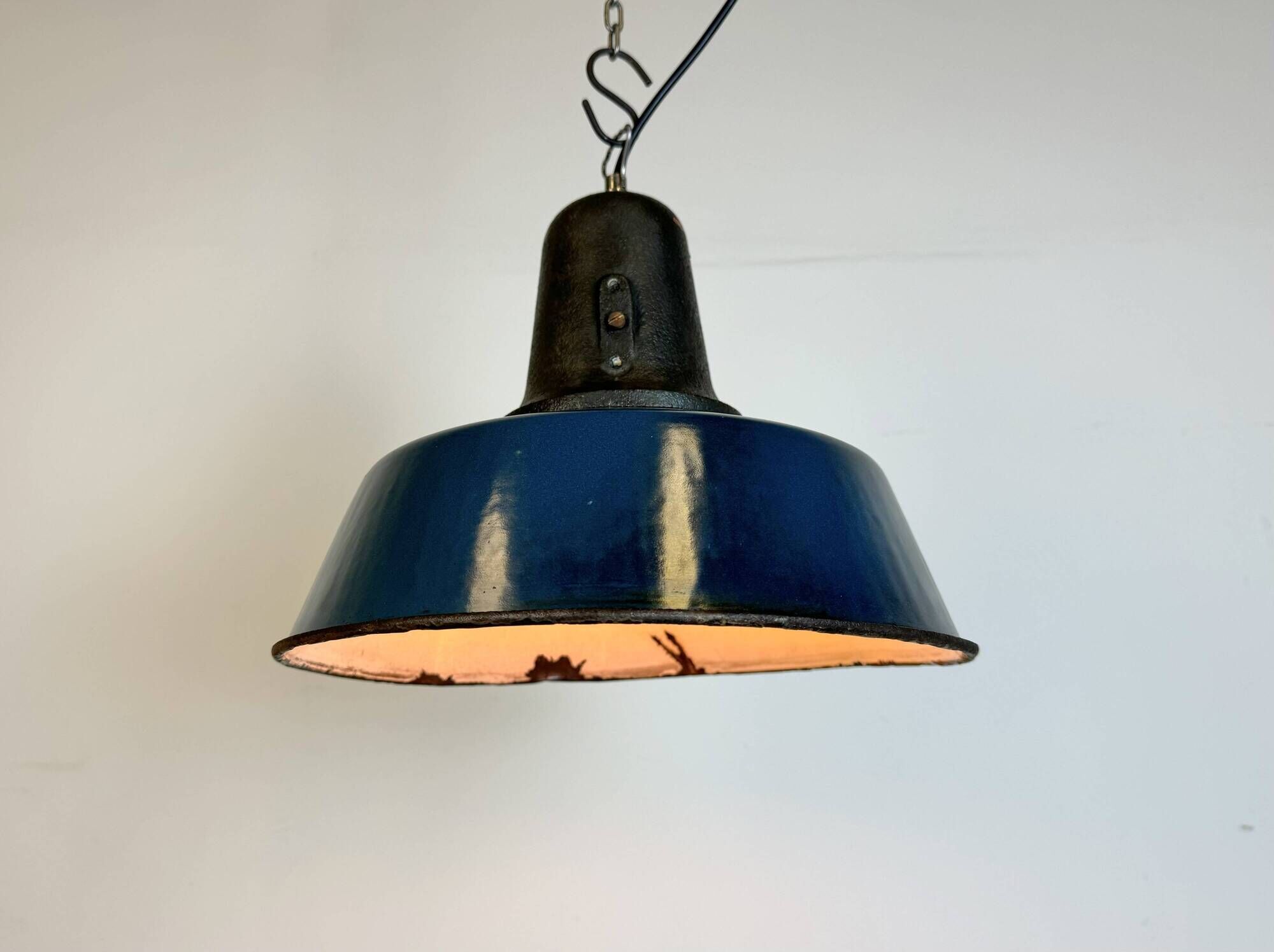 Industrial Blue Enamel Factory Lamp with Cast Iron Top, 1960s