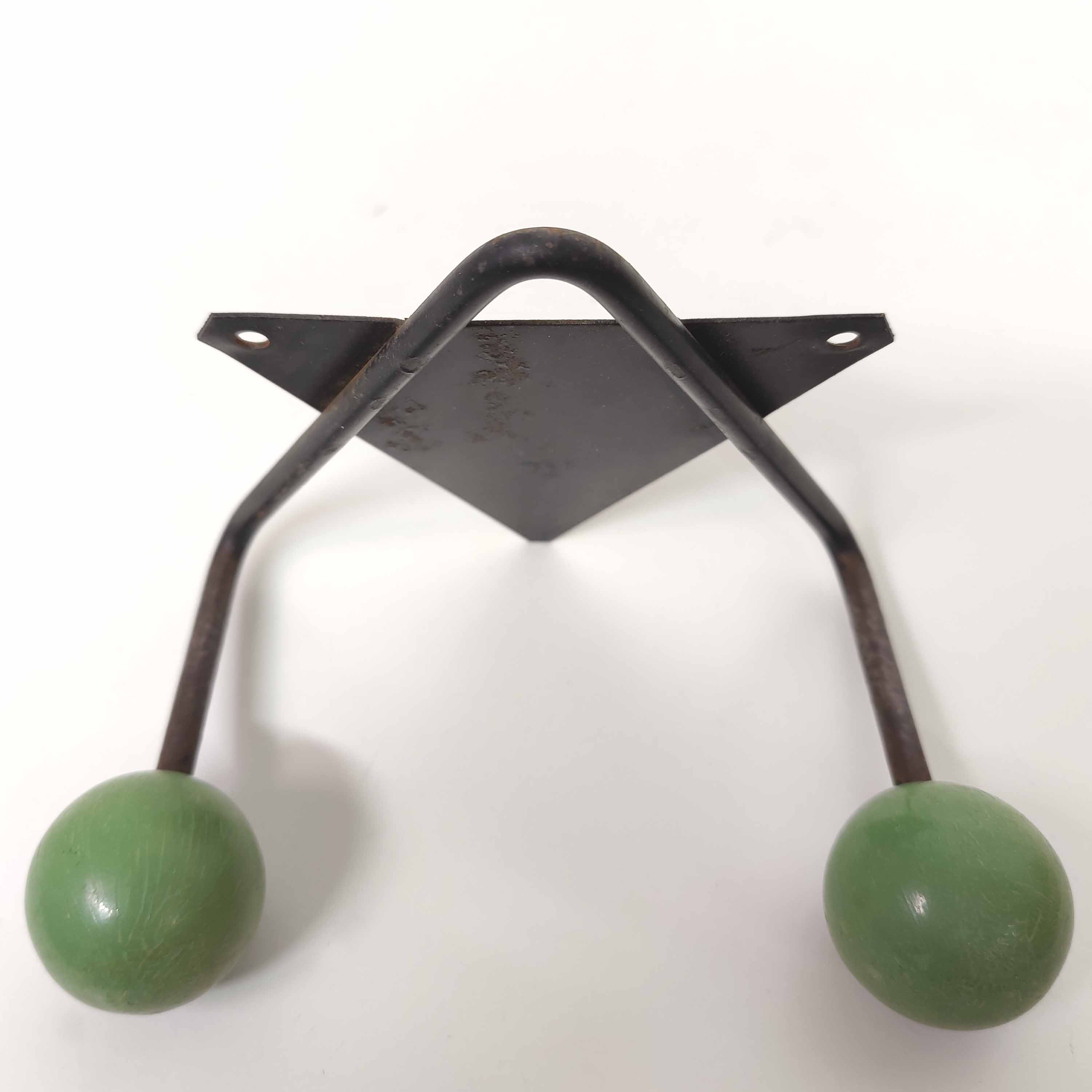 Coat rack V hooks balls green wood