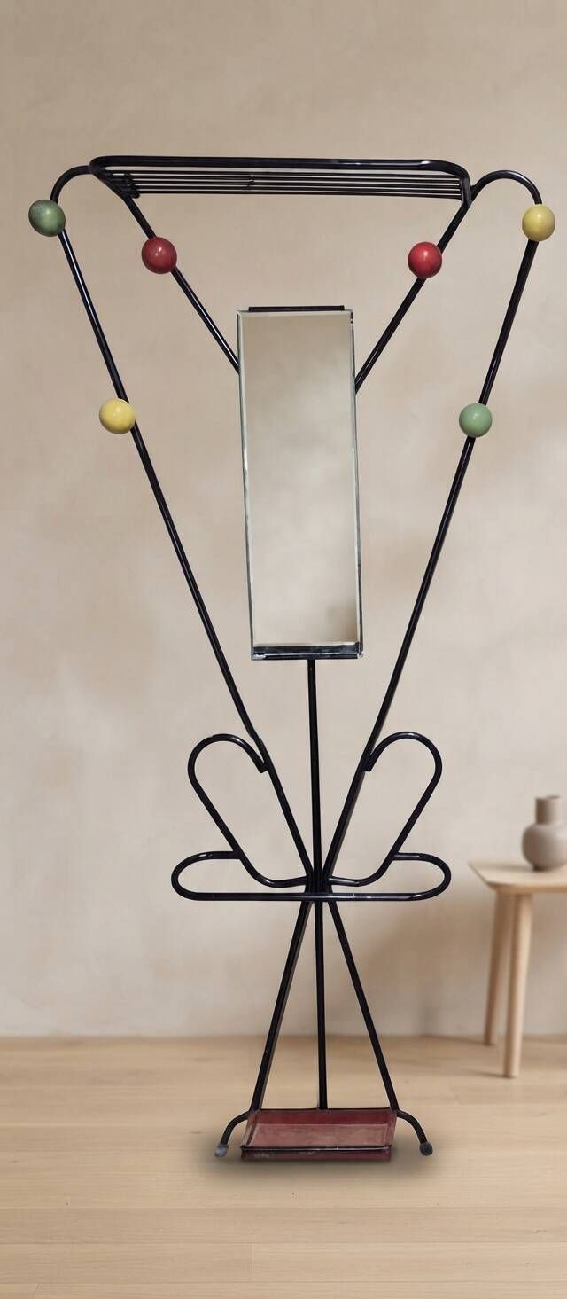 Vintage coat rack attributed to Roger Feraud, black metal with coloured spheres, 1970s, 180 x 82 x 22 cm