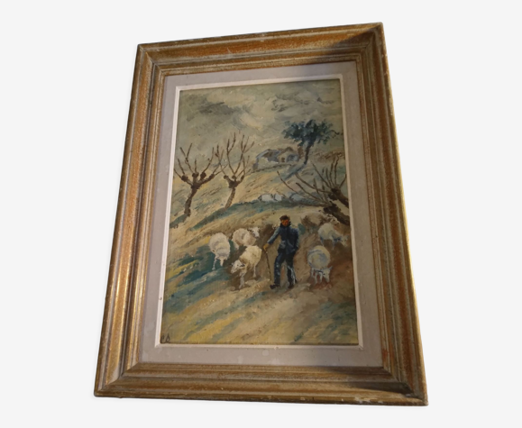 Tableau peinture berger et ses moutons