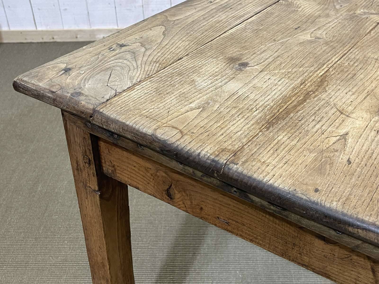 19th century farmhouse table in raw chestnut with original drawer and shelf
