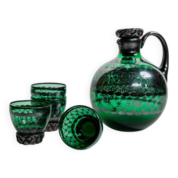 Vintage liqueur service in Murano glass, decanter and glasses - green glass, hand-painted silver decoration - Glass-Art Italy 1930s - gift idea, bar accessories