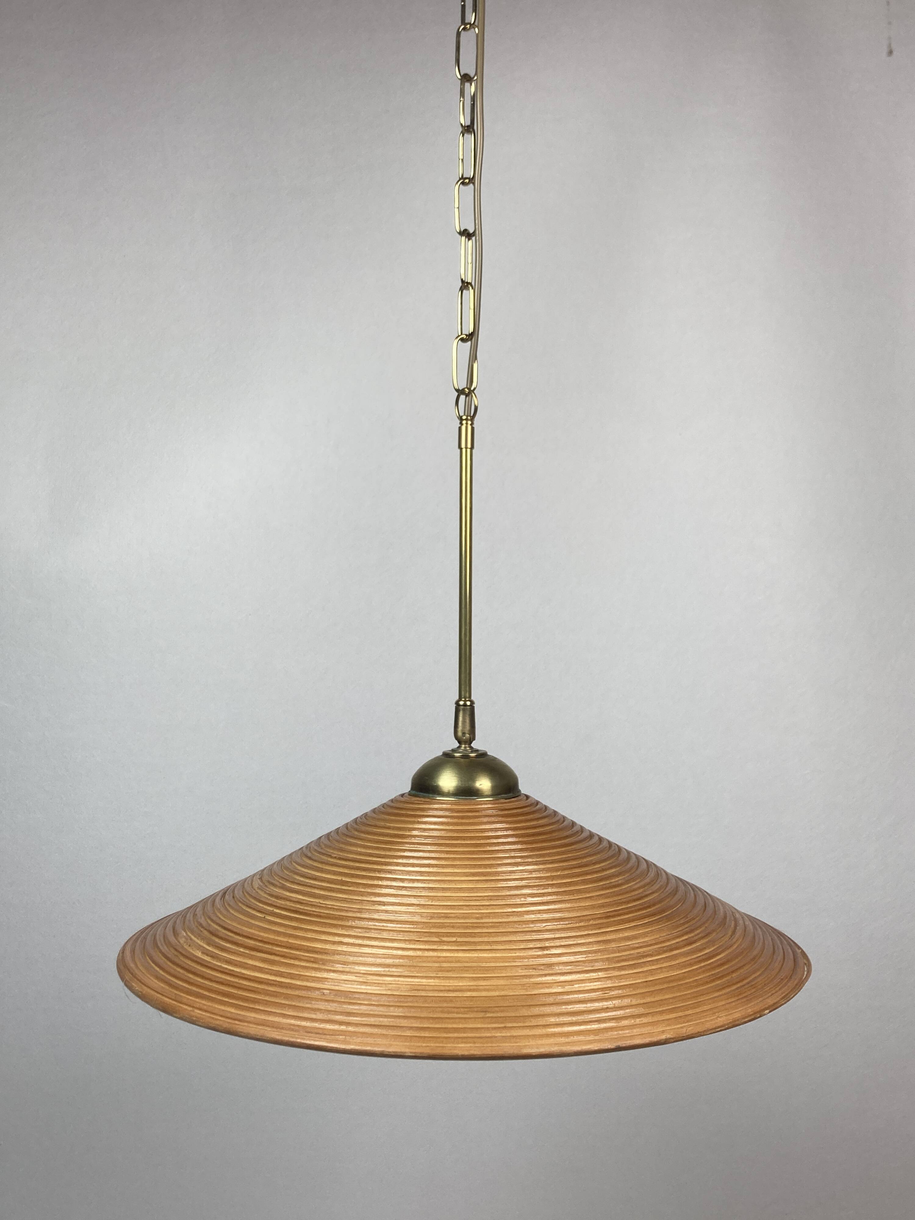 Pencil split reed, rattan, bamboo & brass pendant lamp, italy, 1970s