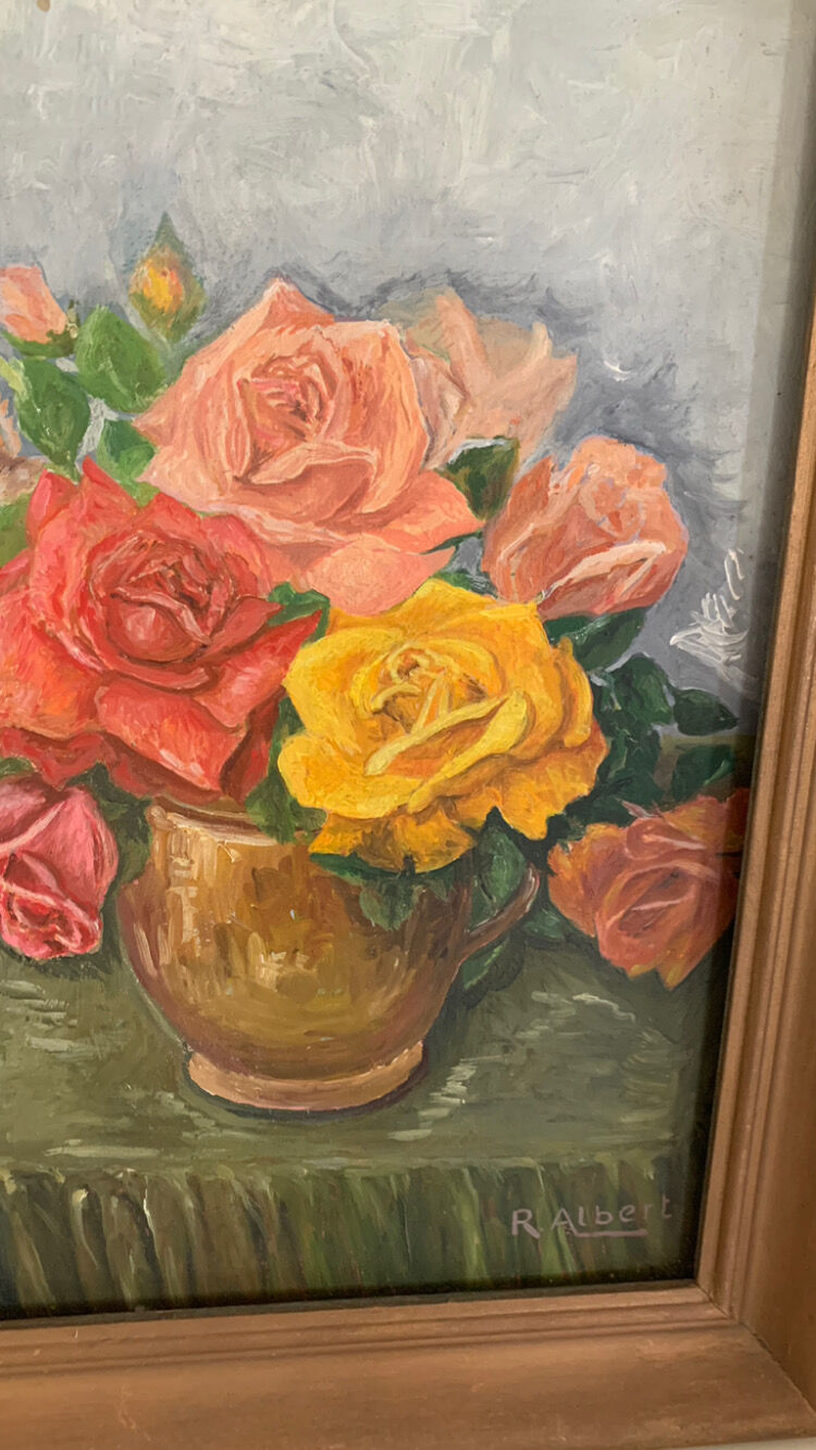 Painting on framed wood panel the bouquet of roses signed and vintage