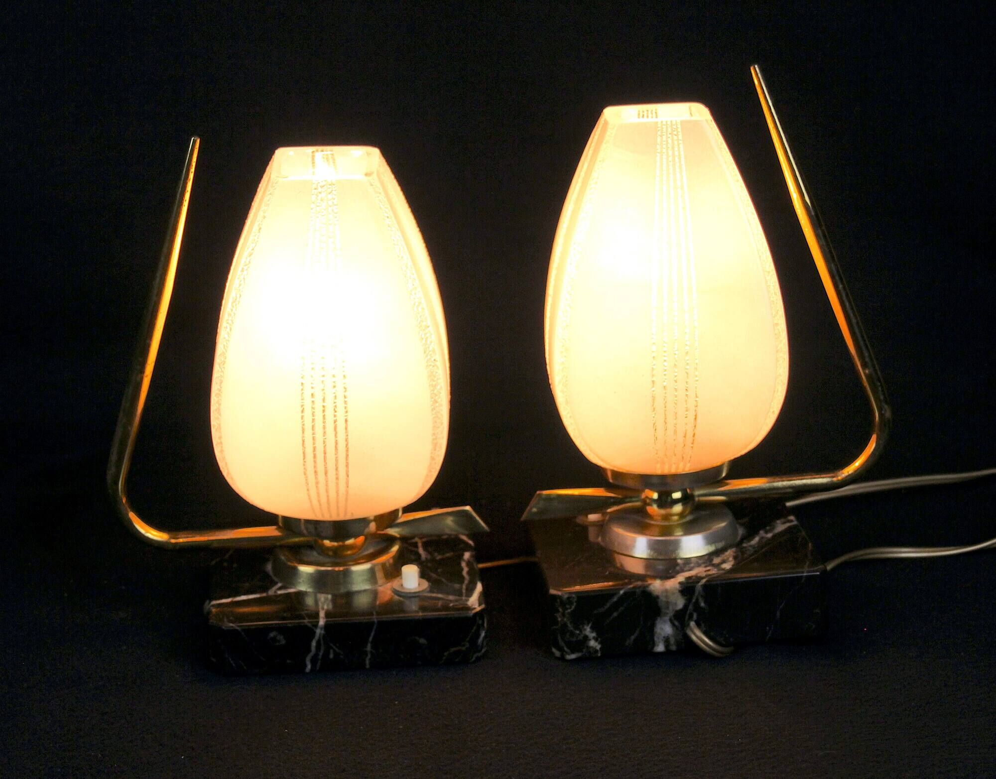 Mid 20th Century Marble Brass and Opaline Bed-Side Lamps, Maison Arlus, France - a Pair