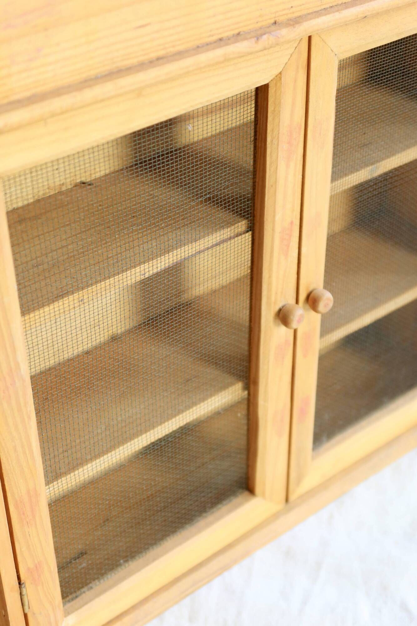 Vintage wooden wall cabinet – 2 mesh doors and shelf