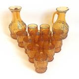 Orange juice set textured glass amber Empoli 2 decanters 12 glasses 70s