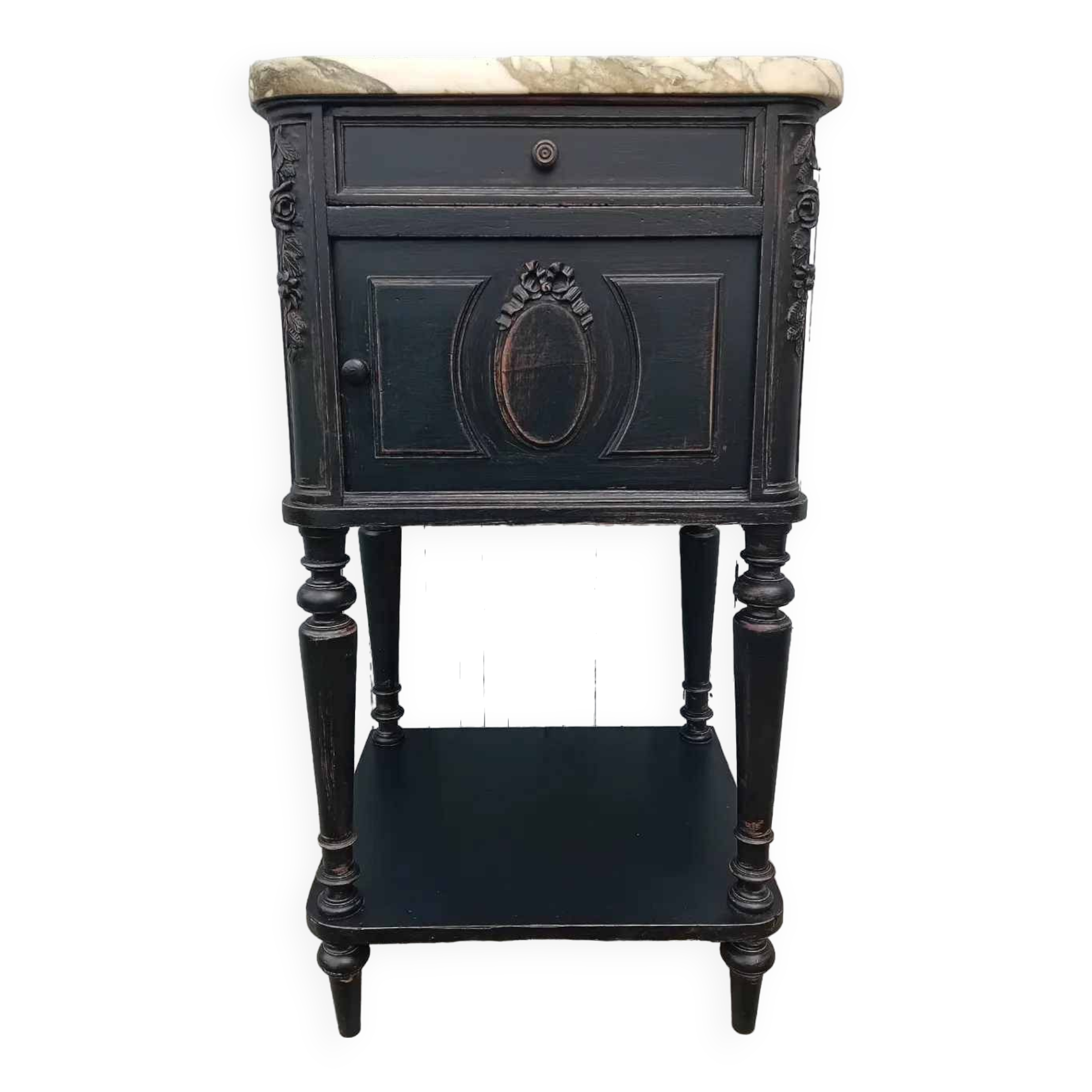 Romantic black bedside table with patinated marble and wood