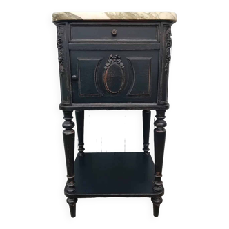 Romantic black bedside table with patinated marble and wood