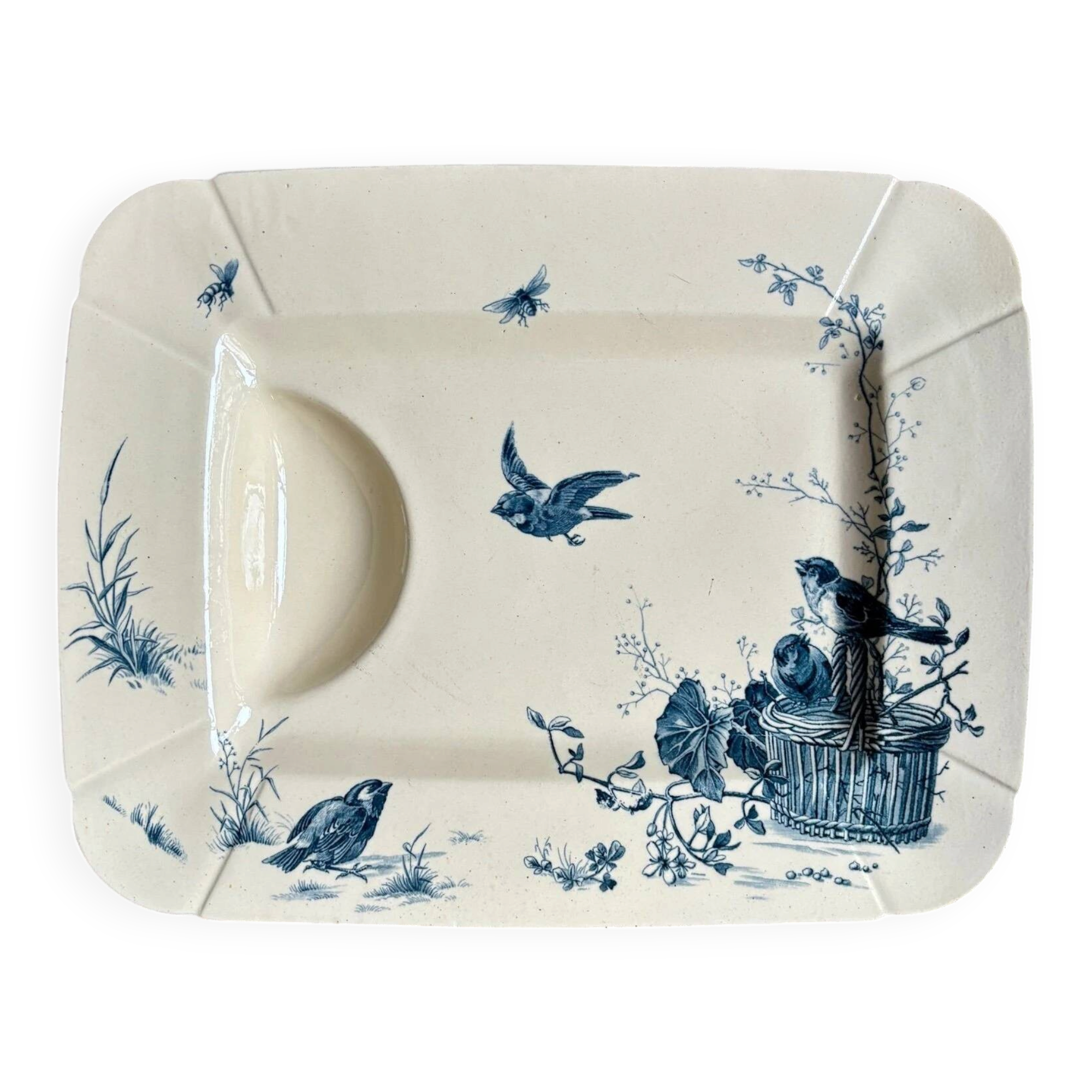 Large rectangular meat platter Gien in blue ironstone, "Birds" service circa 1870.