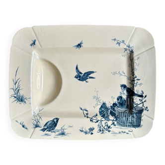 Grand plat à viande rectangulaire Gien en terre de fer bleue, service "Oiseaux" vers 1870