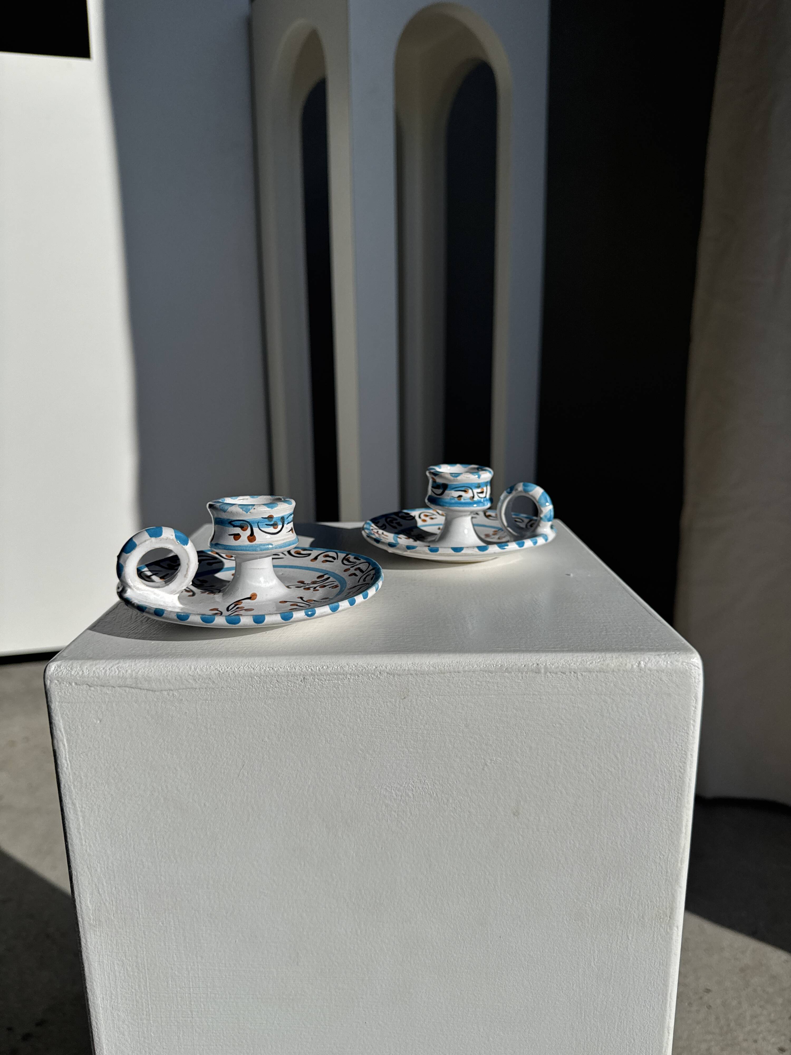 Light blue Moustiers candlestick H5 D12.5