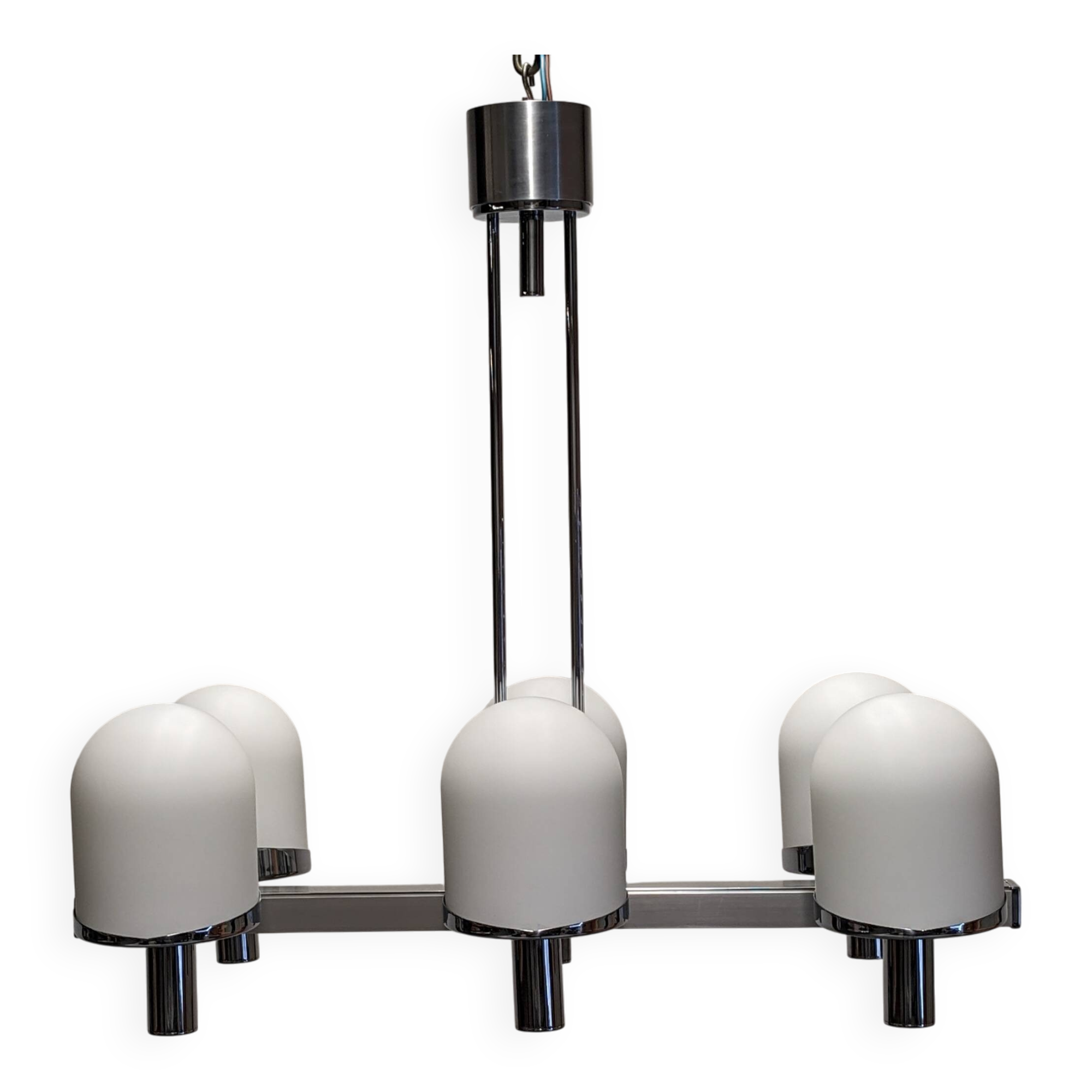 Space Age chandelier with 6 lights in white sandblasted opalines from the 60s/70s