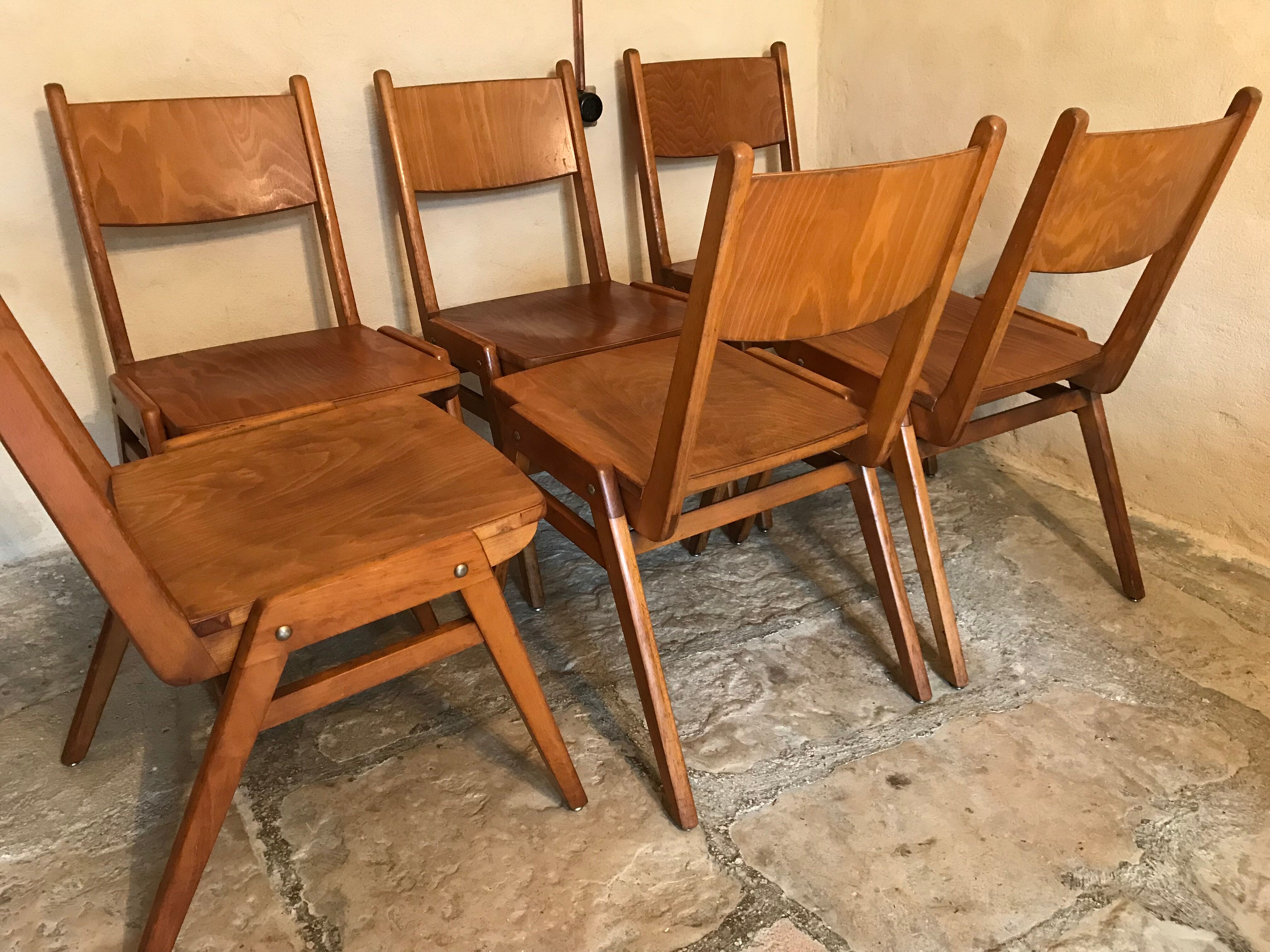 Set of 6 vintage wooden stackable chairs compass legs Germany 1960's