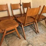 Set of 6 vintage wooden stackable chairs compass legs Germany 1960's