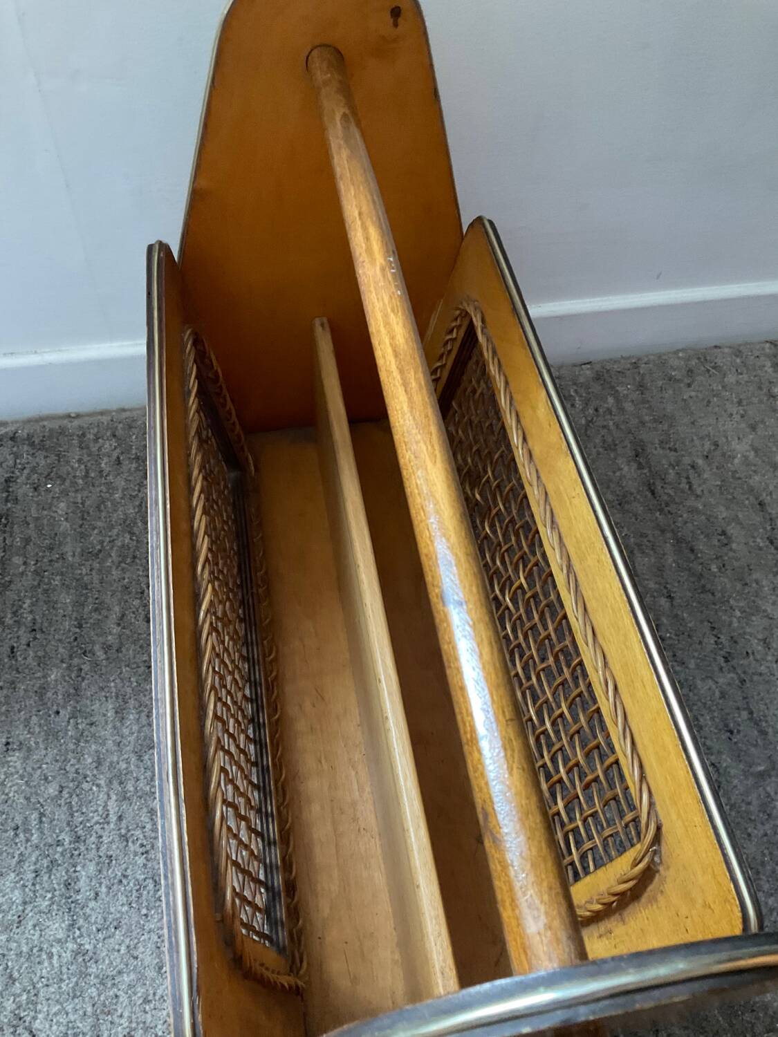Wooden and rattan magazine rack from the 50s and 60s