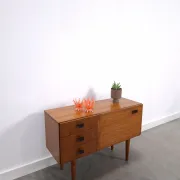 Vintage small teak cabinet with drawers, flap and black handles, hallway cabinet.