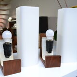 Pair of Louis Kalff opaline and teak wall lamps