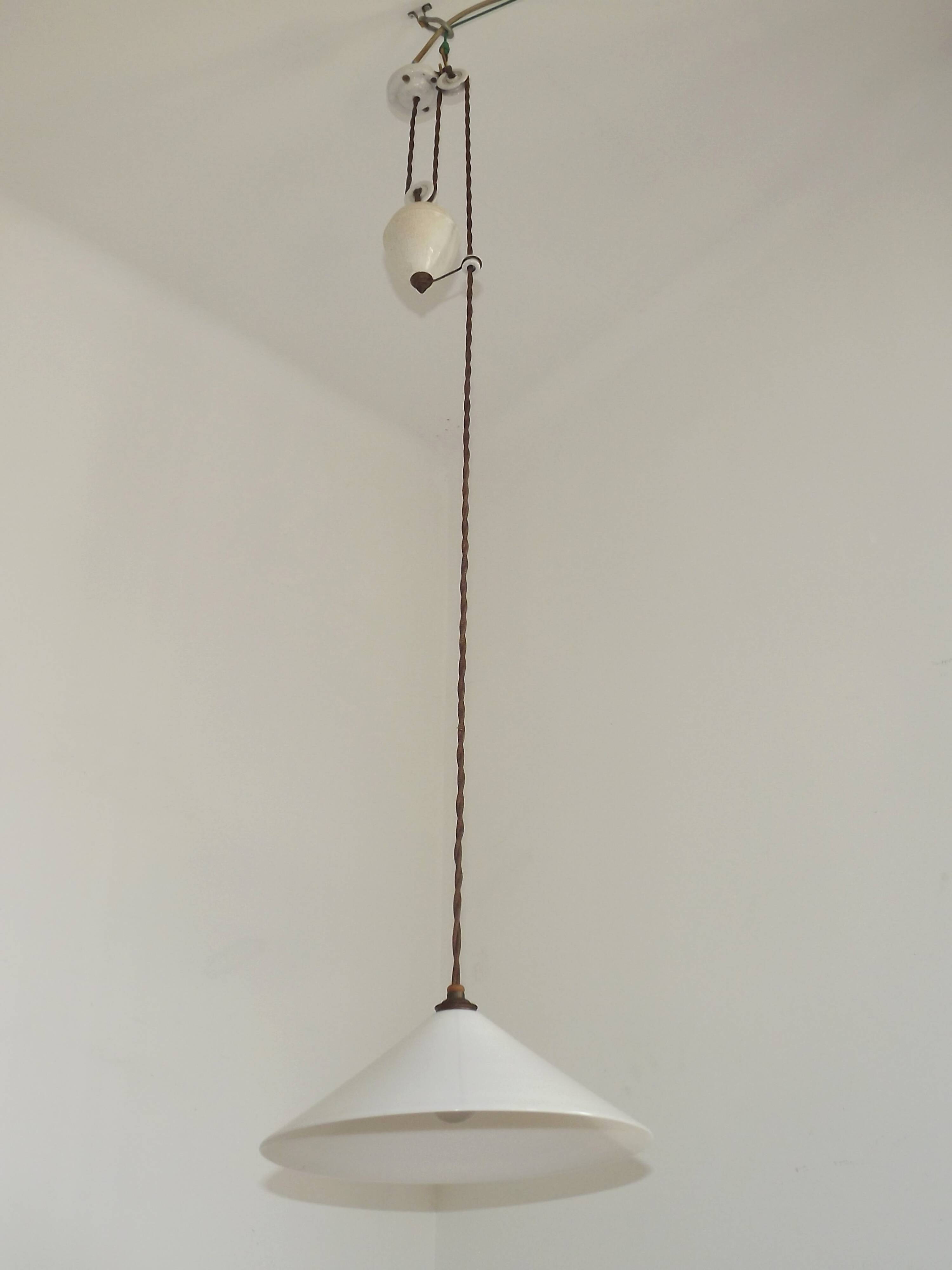 Vintage French Rise & Fall Counterbalance Ceiling Light Opaline Glass Shade