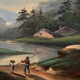 Oil on canvas landscape by a river and mountains in the distance, late 19th century