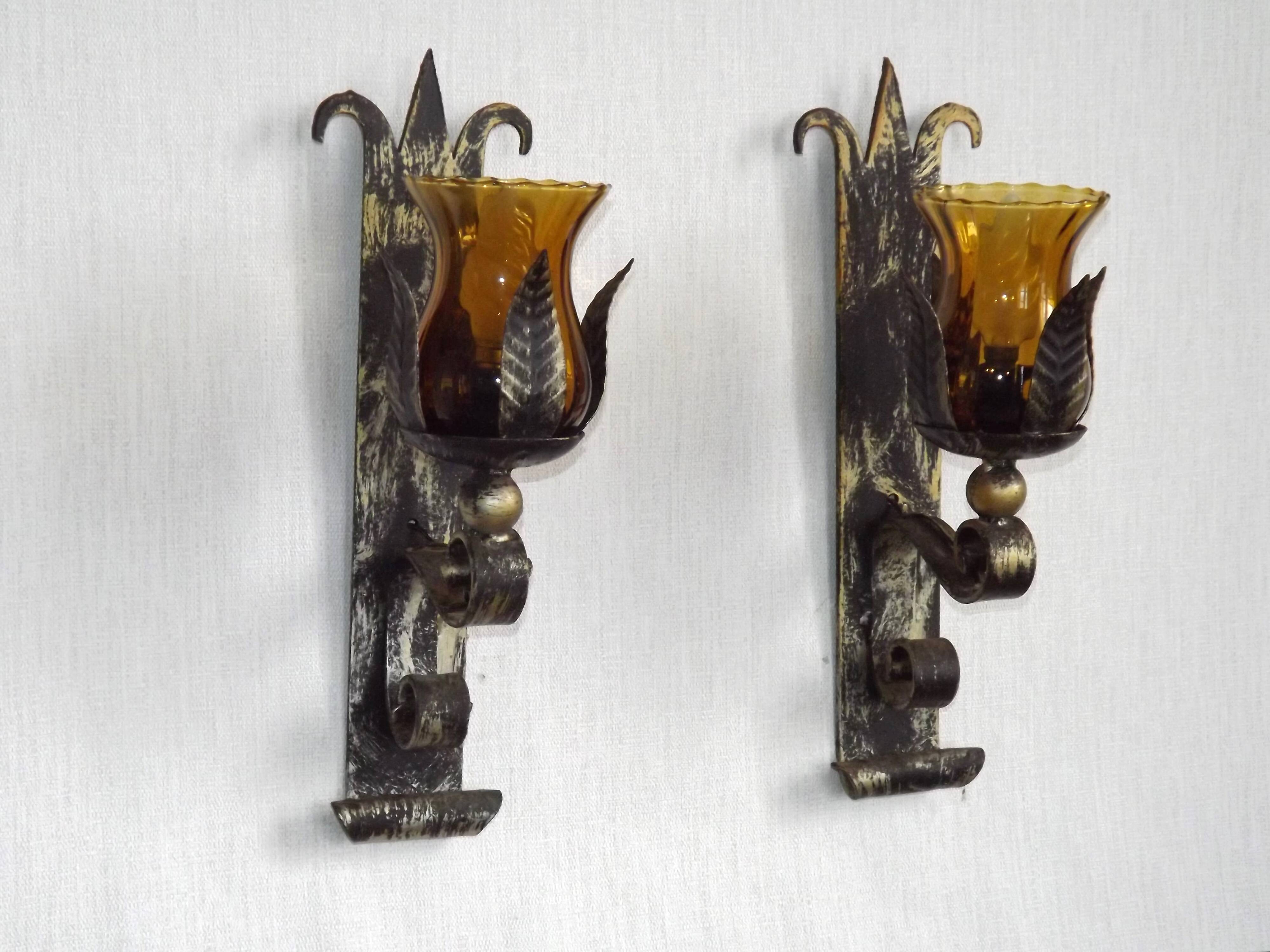 Pair Hand Forged Wrought Iron Medieval Style Wall Lights Amber Glass Shades