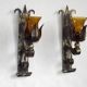 Pair Hand Forged Wrought Iron Medieval Style Wall Lights Amber Glass Shades