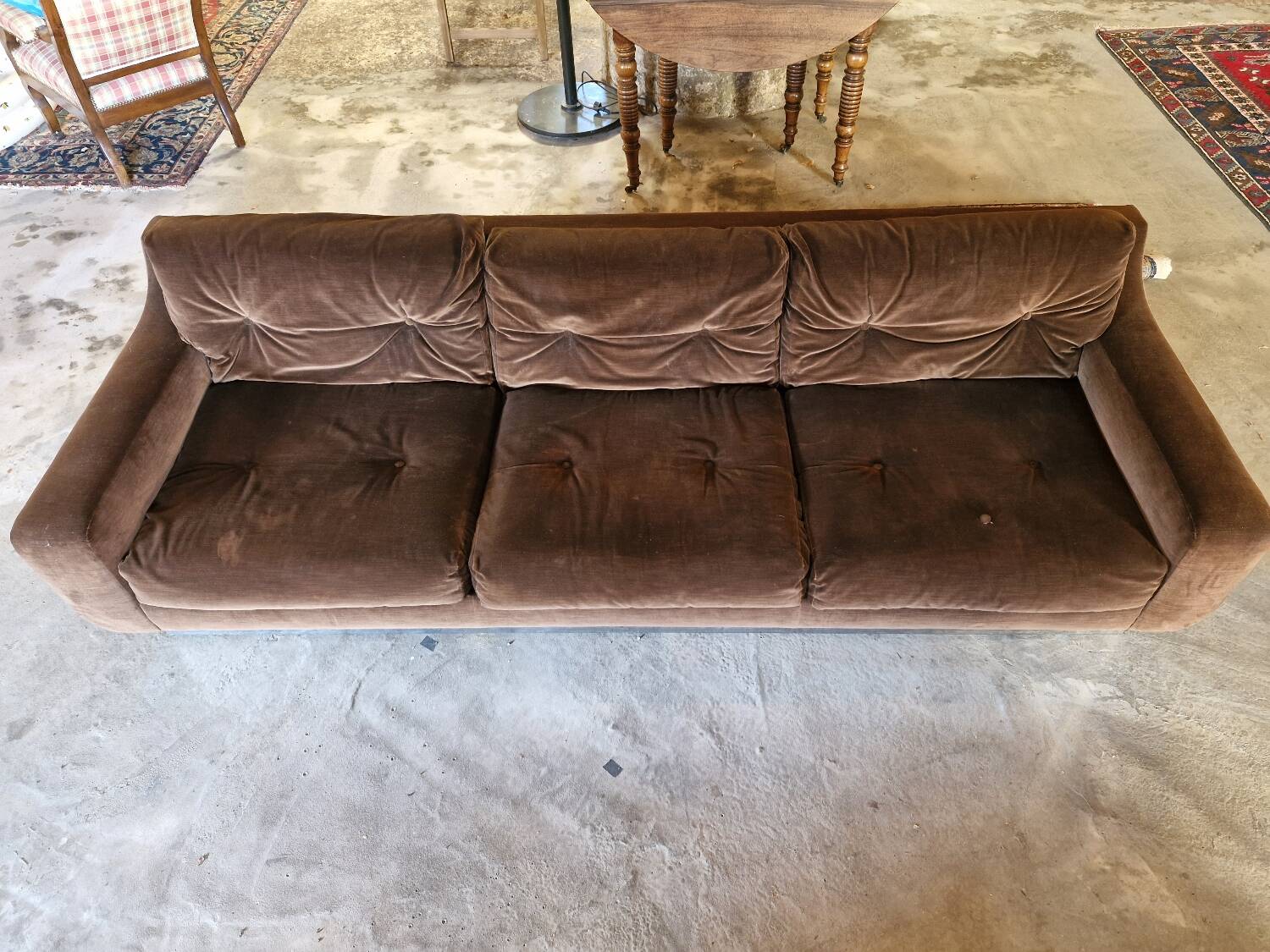 Vintage 3-seater canapé in brushed steel and brown velvet.