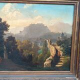 Grande peinture à l'huile sur toile d'une vue de Salzbourg du 19ème siècle