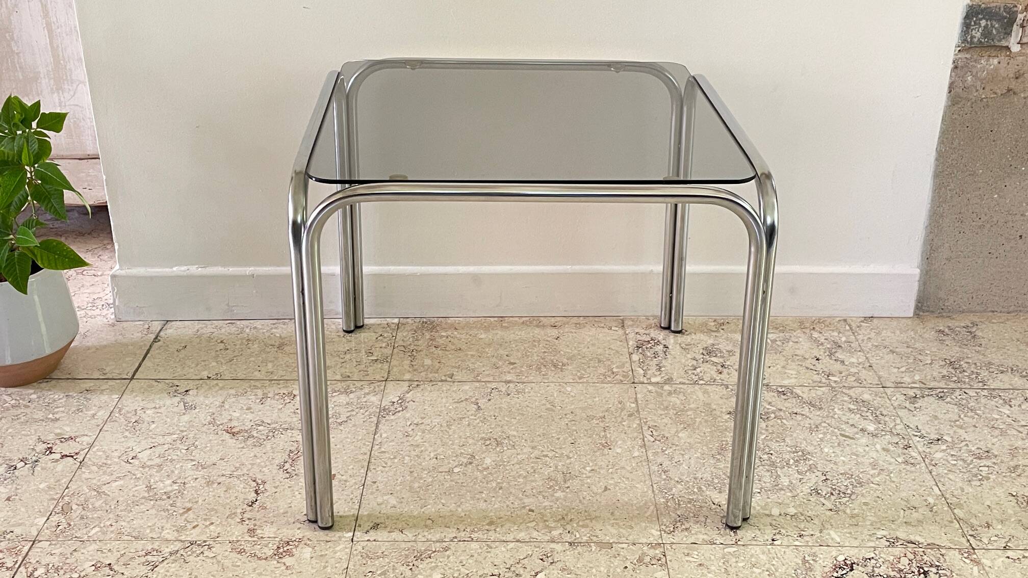 1970s coffee table glass and chrome steel