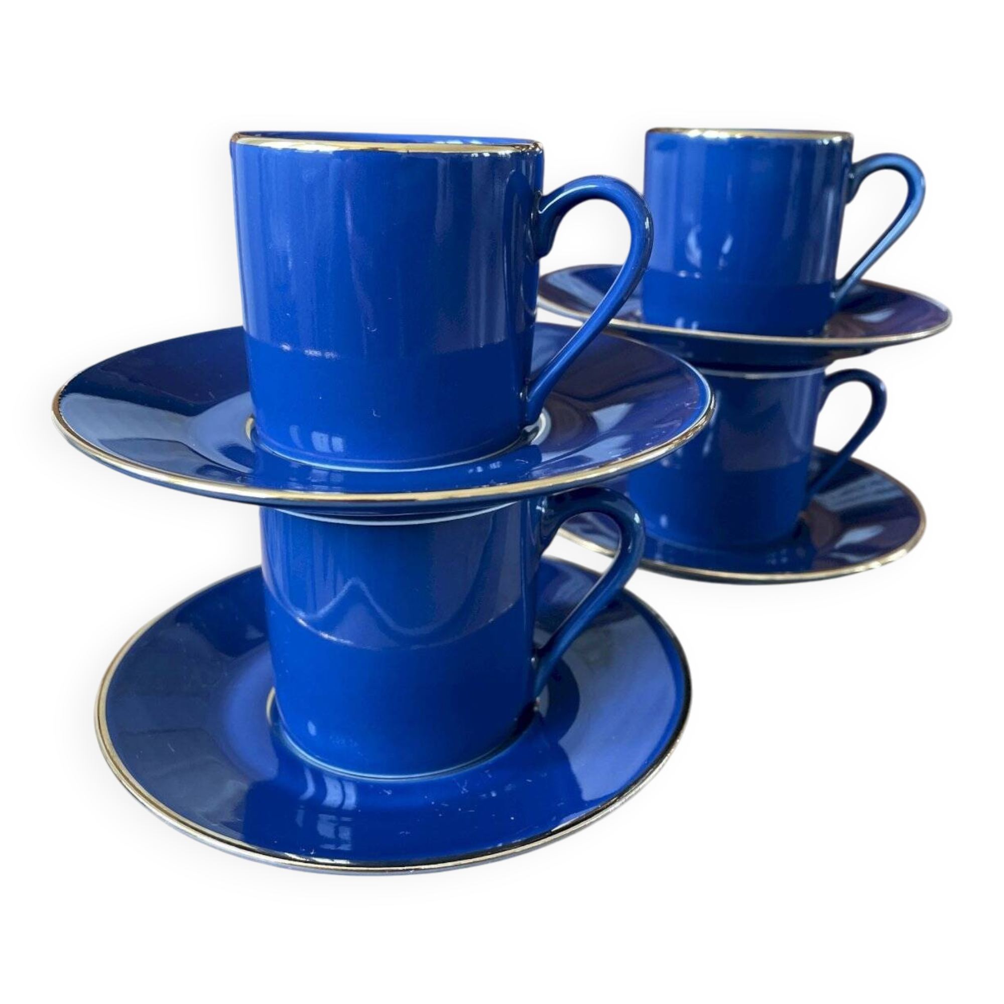 Set of 4 Guy Degrenne blue cups and saucers