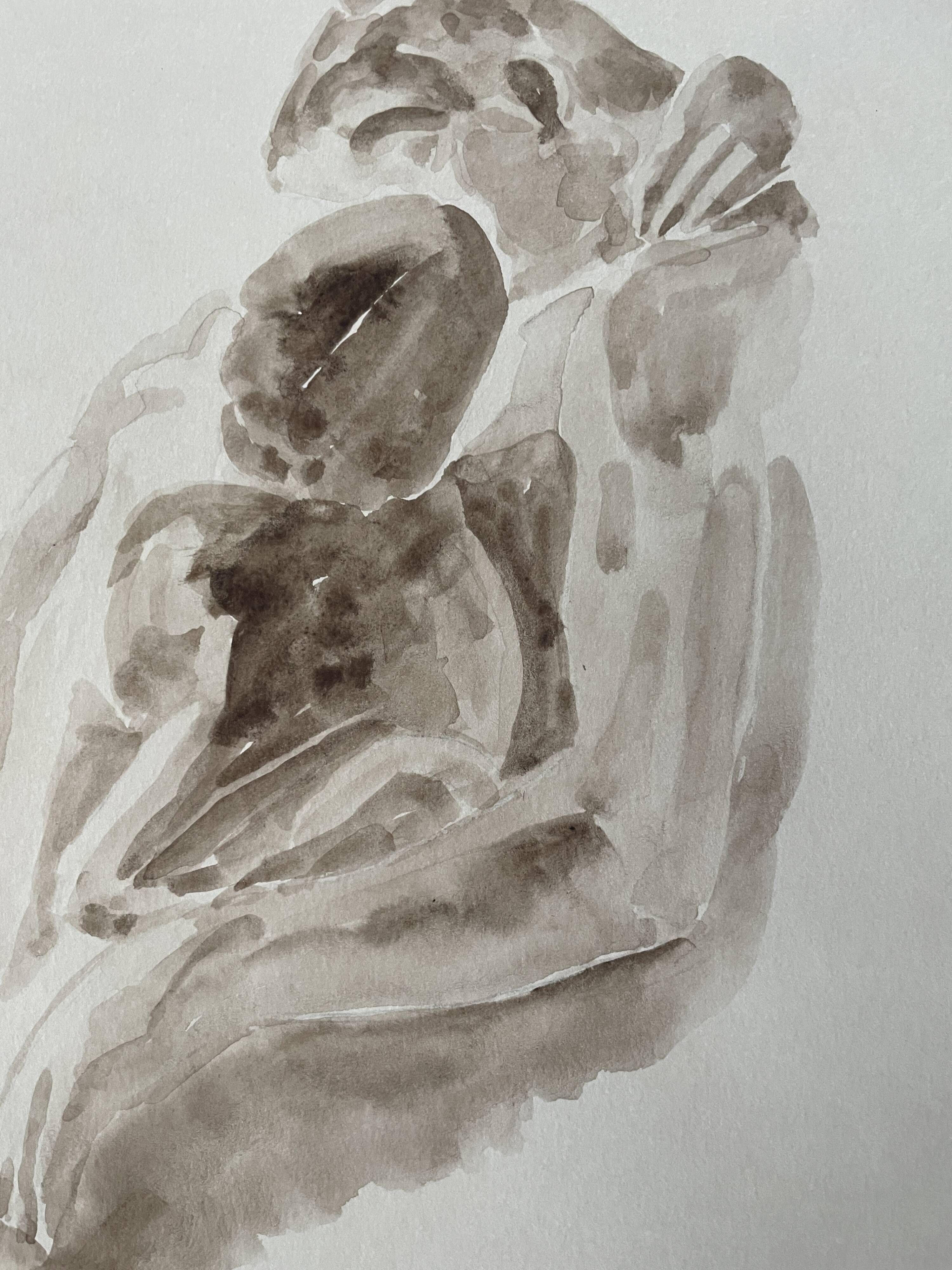 Painting signed sepia monochrome watercolor study of the statue “Rodin’s kiss”