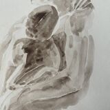 Tableau signé aquarelle monochrome sépia étude de la statue « le baiser de Rodin »