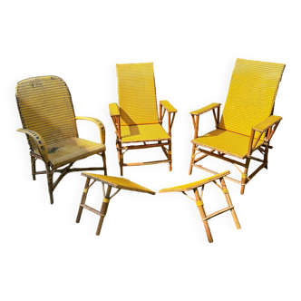 Chaises longues rotin tressé & repose pied et fauteuil