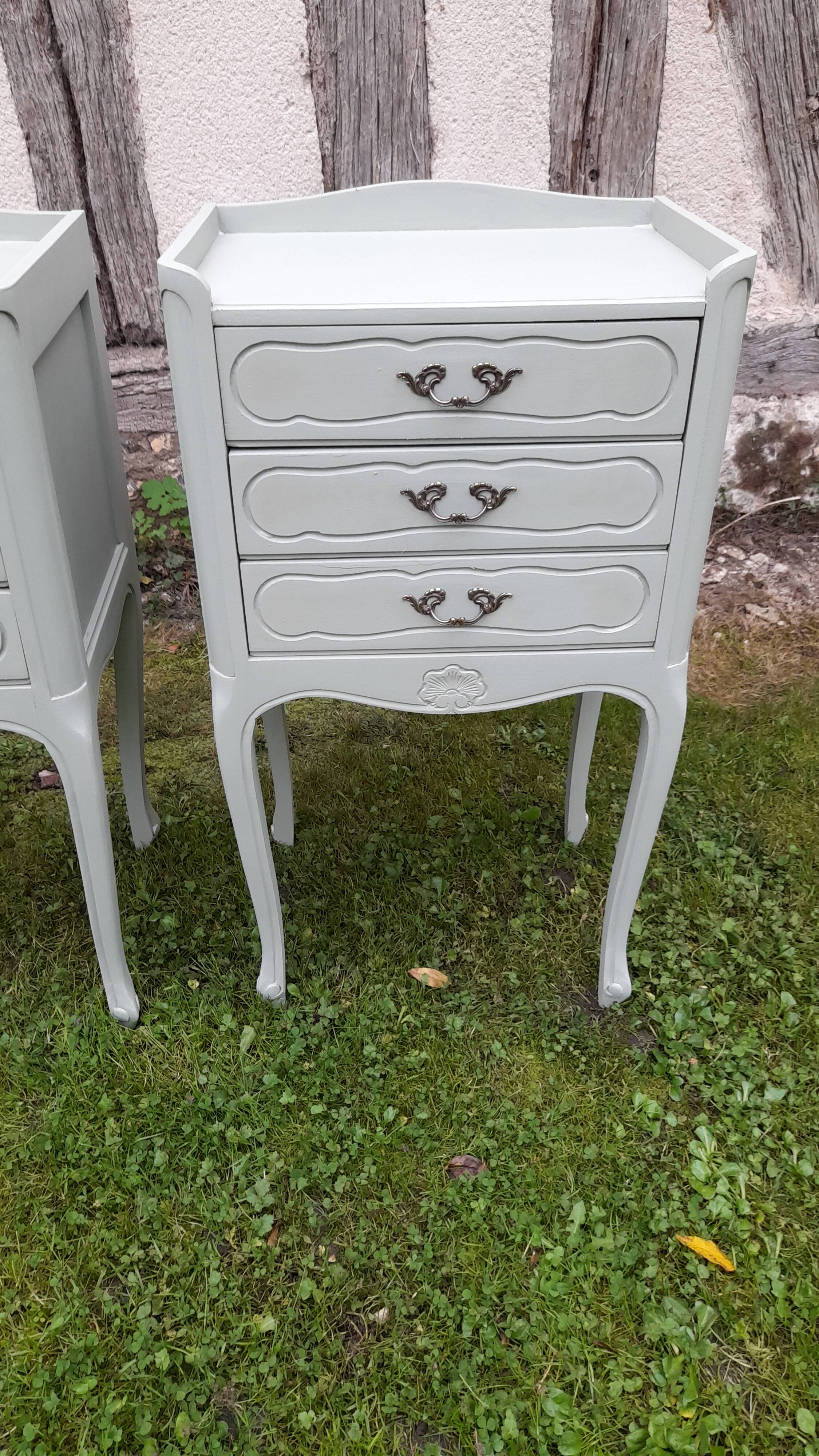 Pair of Louis XV style bedside tables with 3 drawers, Luxembourg green