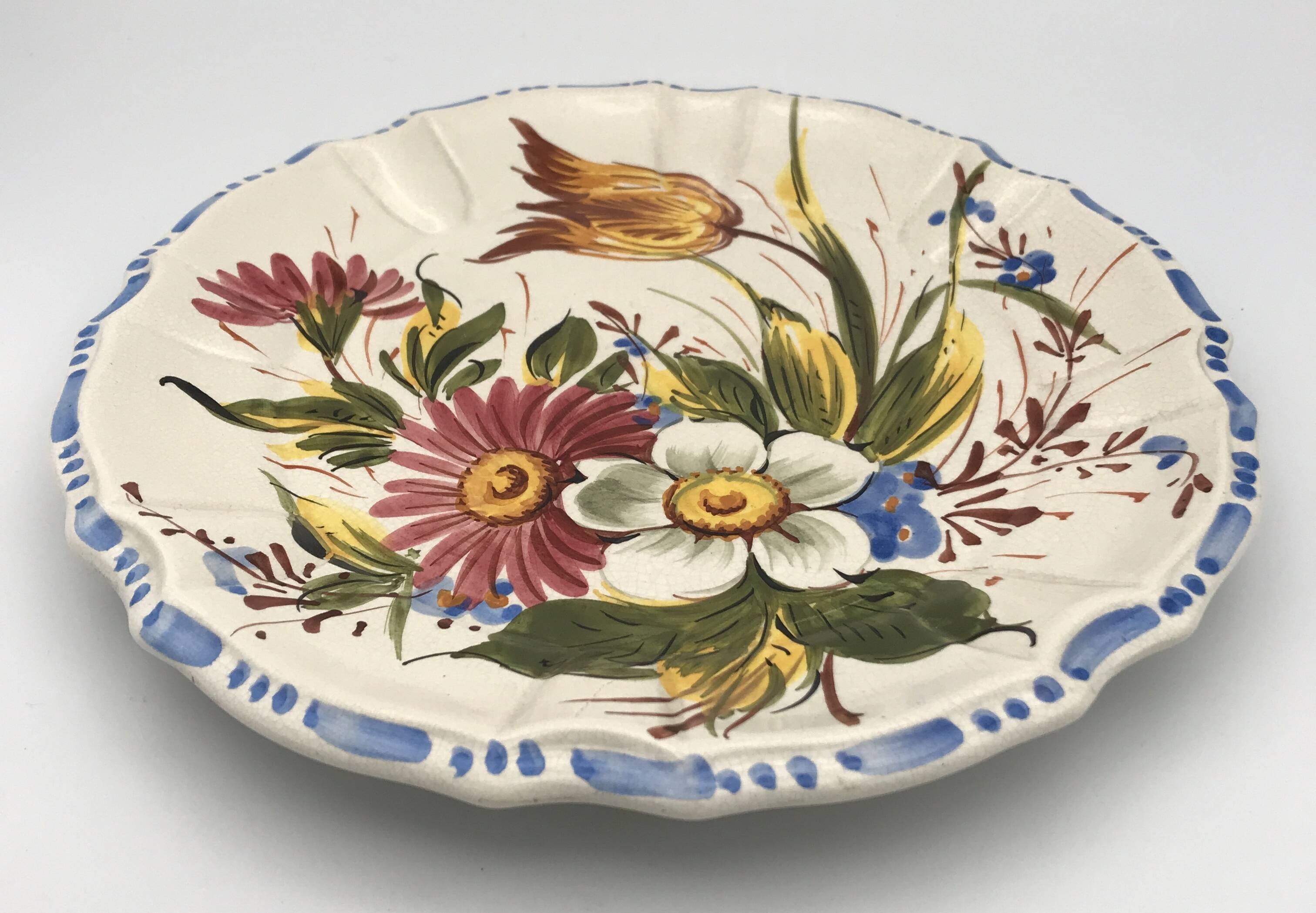 Earthenware wall plate signed bassano, italy, polychrome floral painting decoration