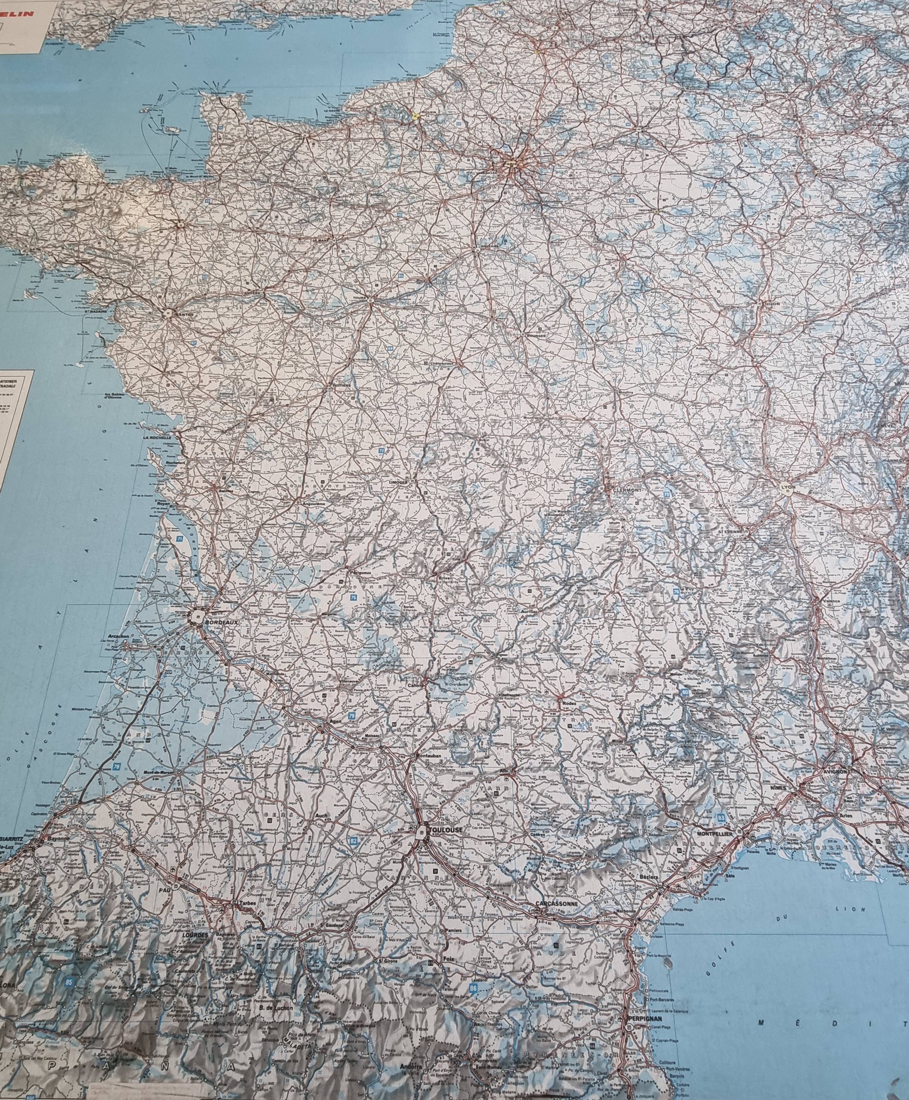 Framed vintage "Michelin" road map from the 80s, 111 cm x 100 cm